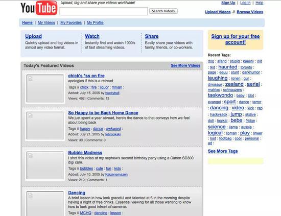 ↑ 2005年的YouTube界面