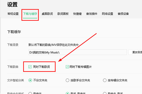 找到下载歌曲中的“同时下载歌词”选项