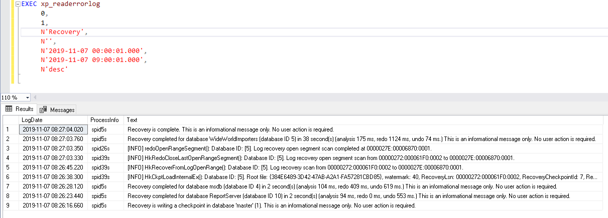 Server error log for a specific duration in desending order